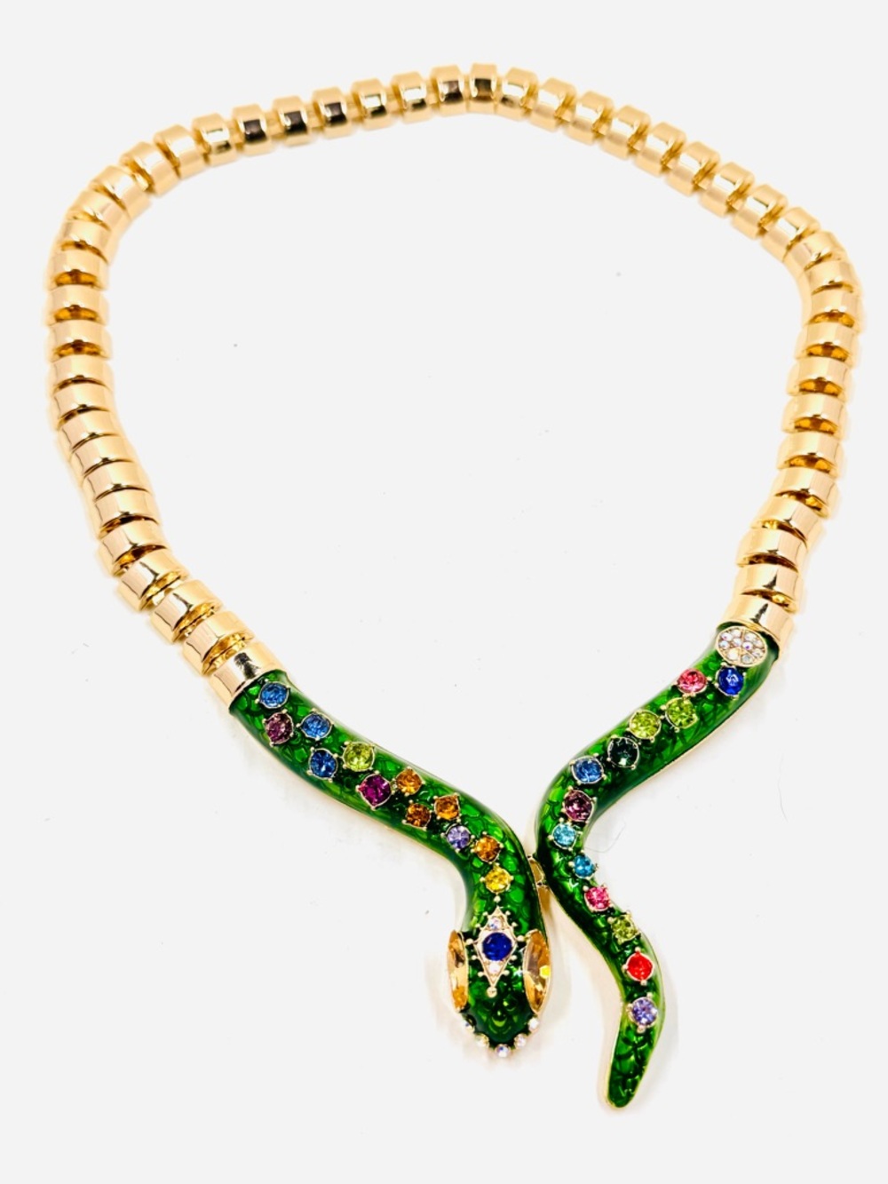 Gold-Tone Omega Style Snake Necklace with Green Enamel & Rhinestones